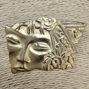 Vintage JJ brooch pin gold tone lady face art nouveau, signed